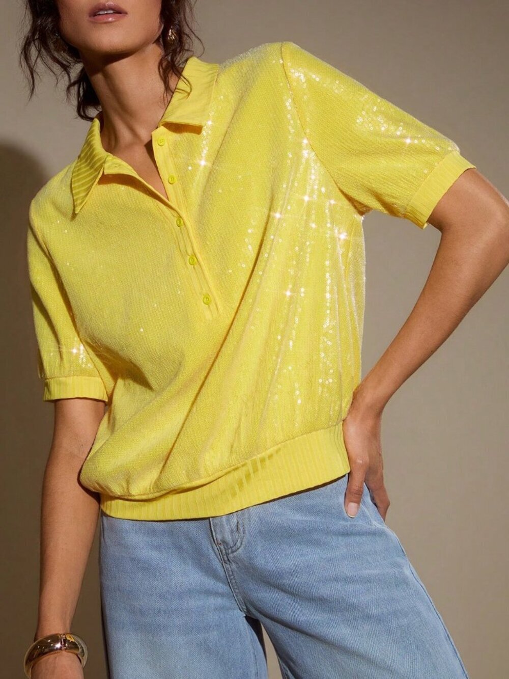 Yellow Casual Women's Sequin Collar Loose Short Sleeve Knit